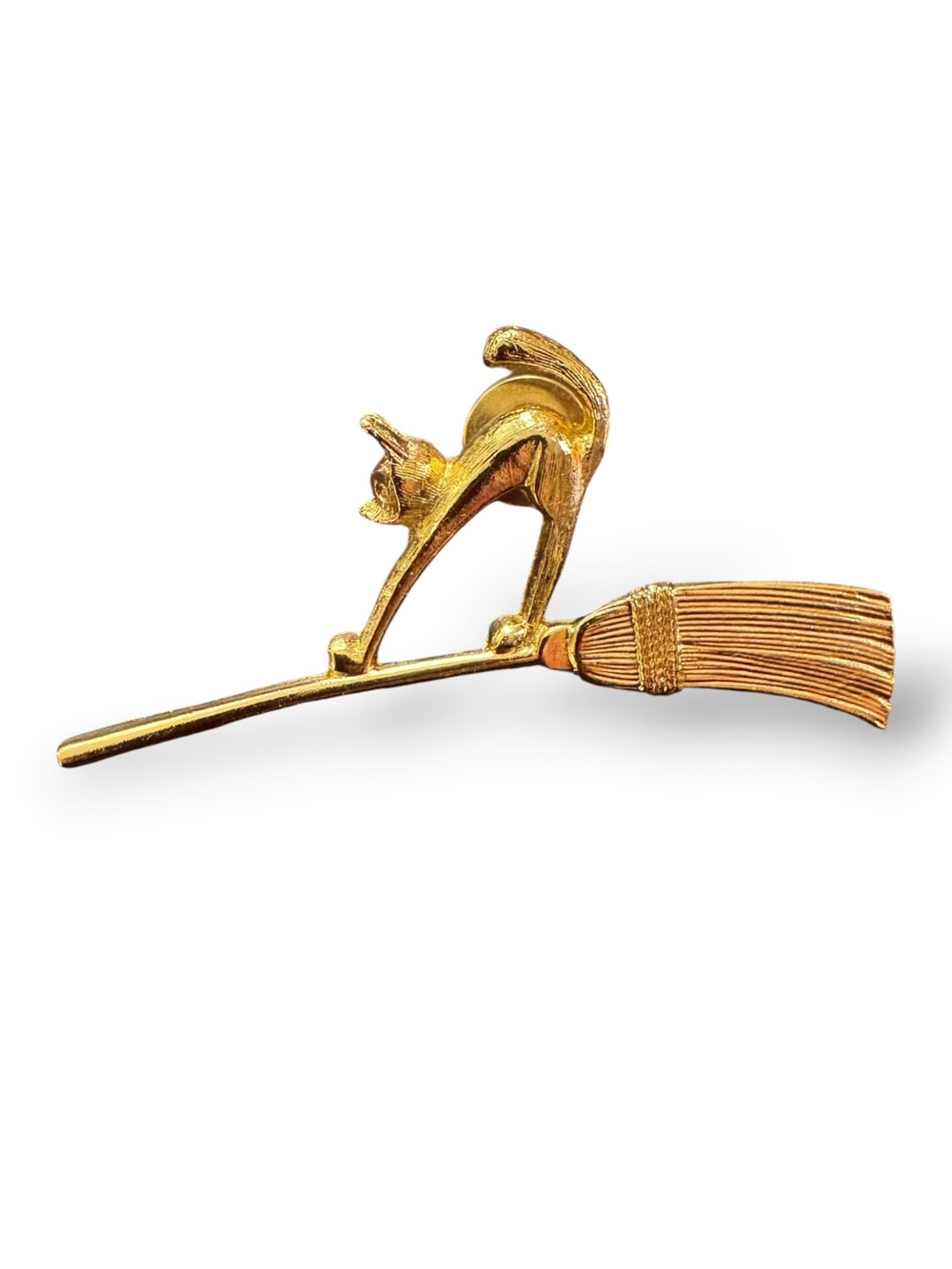 Vintage Avon Gold Cat on Broomstick Brooch Pin